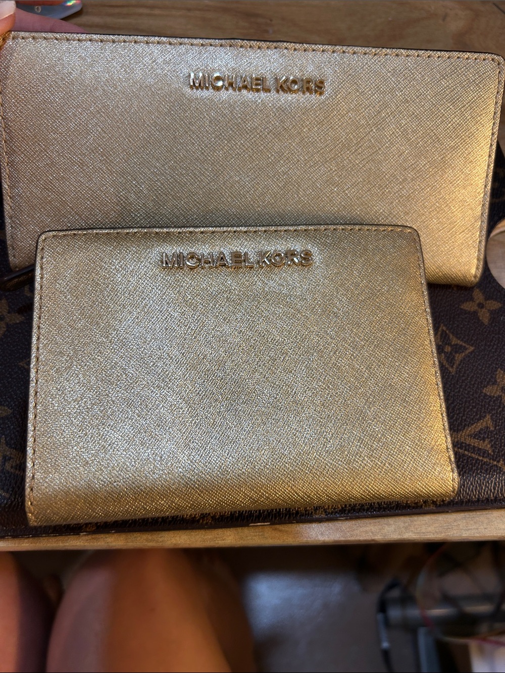 Michael Kors Gold Metallic Wallet and Card Case Set